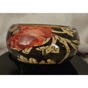 Lacquered Wood/Resin Encased Fabric Floral Motif Bangle Bracelet